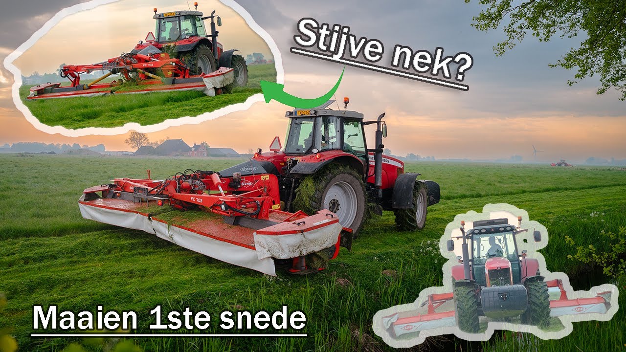 Maaien eerste snede 2024 in zijn achteruit, Melkveebedrijf Mts Boer Kuhn FC 703 met MF 6485