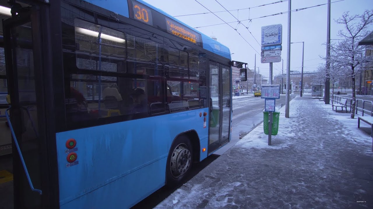 Hungary, Budapest, bus 30 winter ride from Keleti Pályaudvar Metro Station to Angyalföld kocsiszín