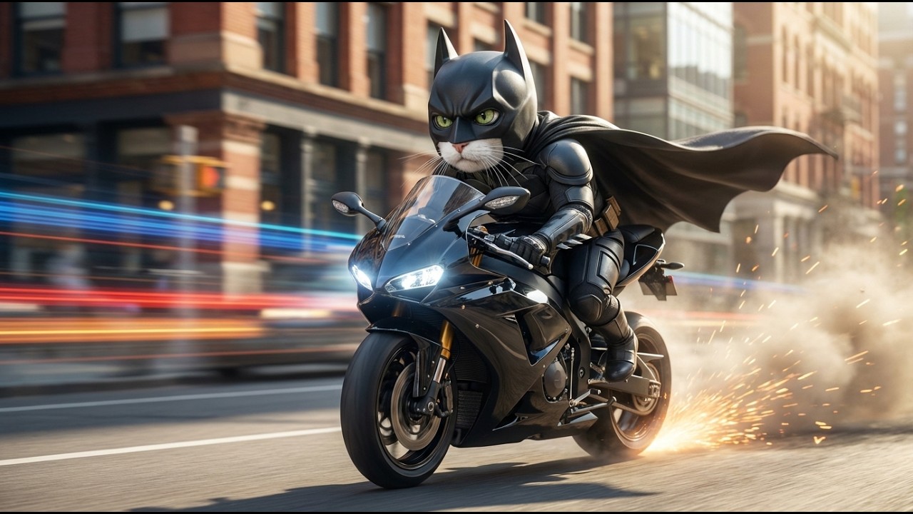Batman cat saves the giant crab, friend of the kitten