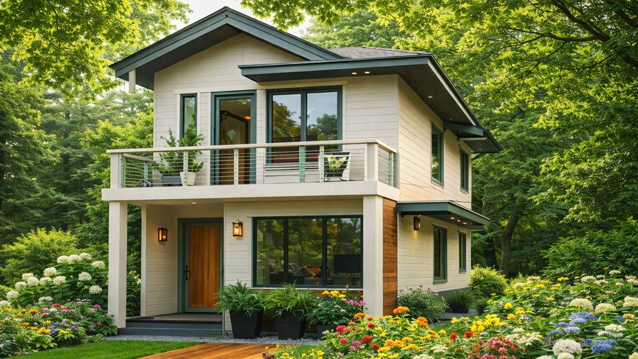 Dream Modern Family Home: Balcony Front, Covered Entry, and Garden Views