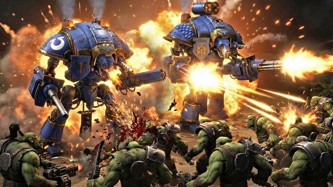 The BIGGEST Warhammer 40k Battle EVER Ultramarines Imperial Knights Vs Orks