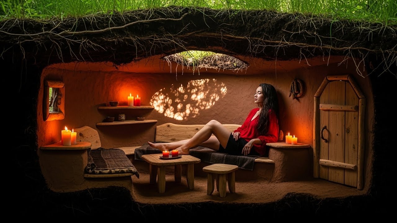 Beautiful Girl Building Cozy Underground Secret Dugout Shelter | Bushcraft ASMR
