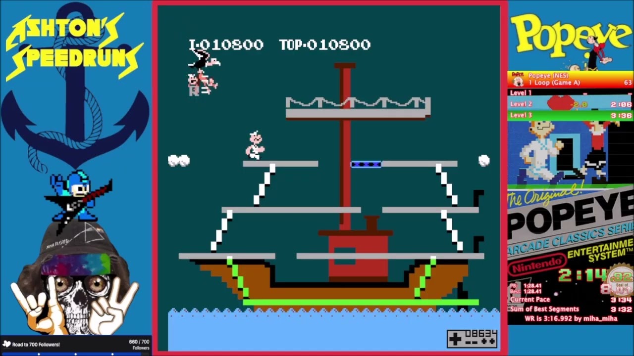 Popeye (NES) - Game A 1-Loop PB (