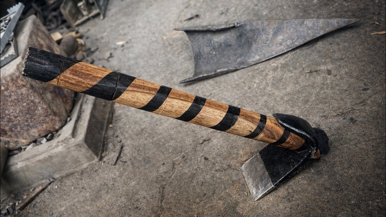 Turned rusty vehicle part into useful adze hoe tool 