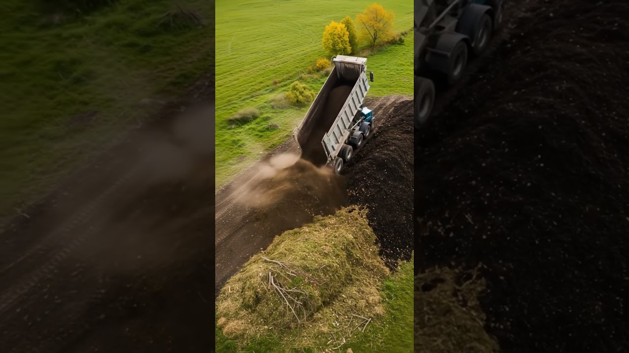 truck soil pouring out onto a compost mound #covercrops #plantandsoil #ecosoil