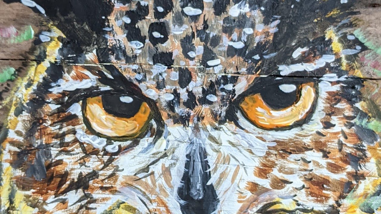 Great Horned Owl acrylic painting on barn board time lapse