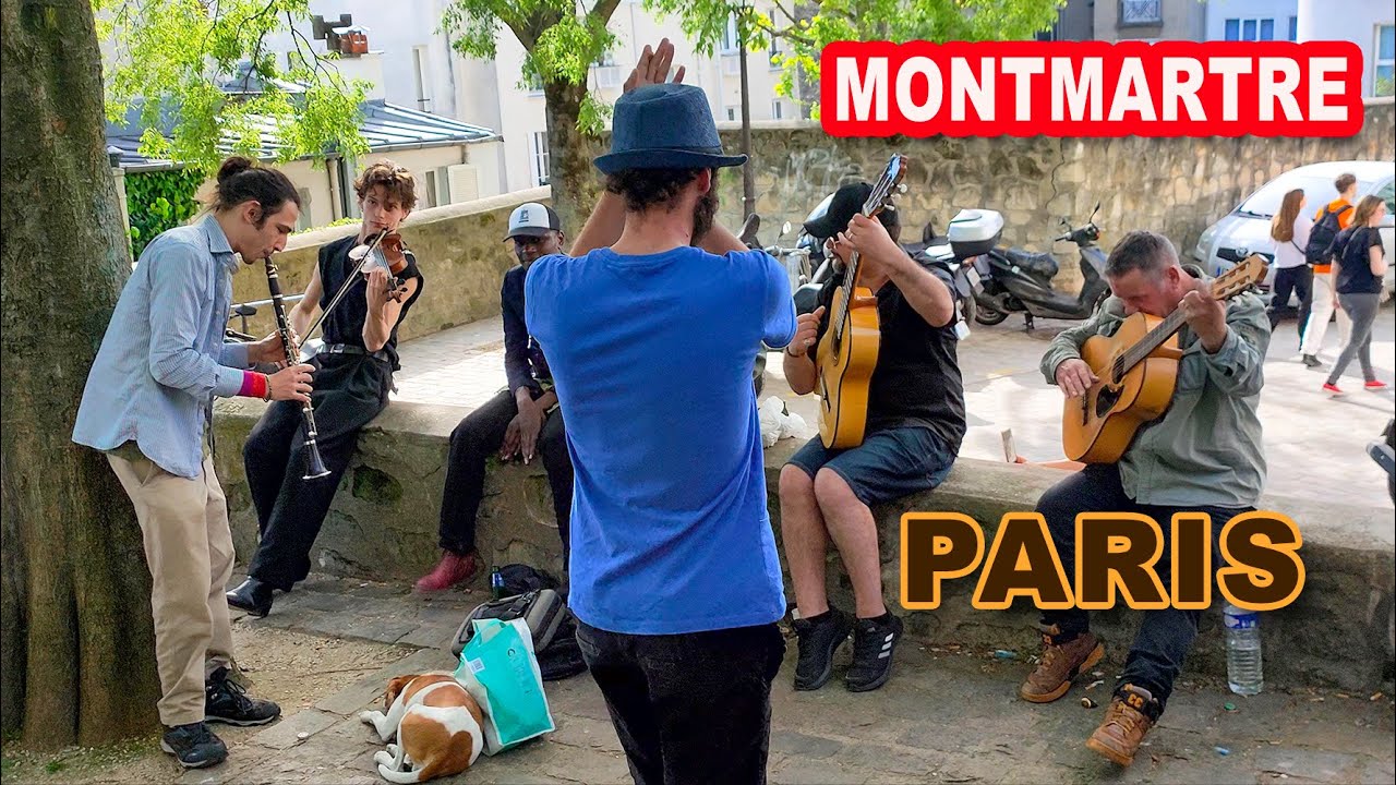 Improvise performance by musicians from different countries gathered in Paris Montmartre. 4k footage