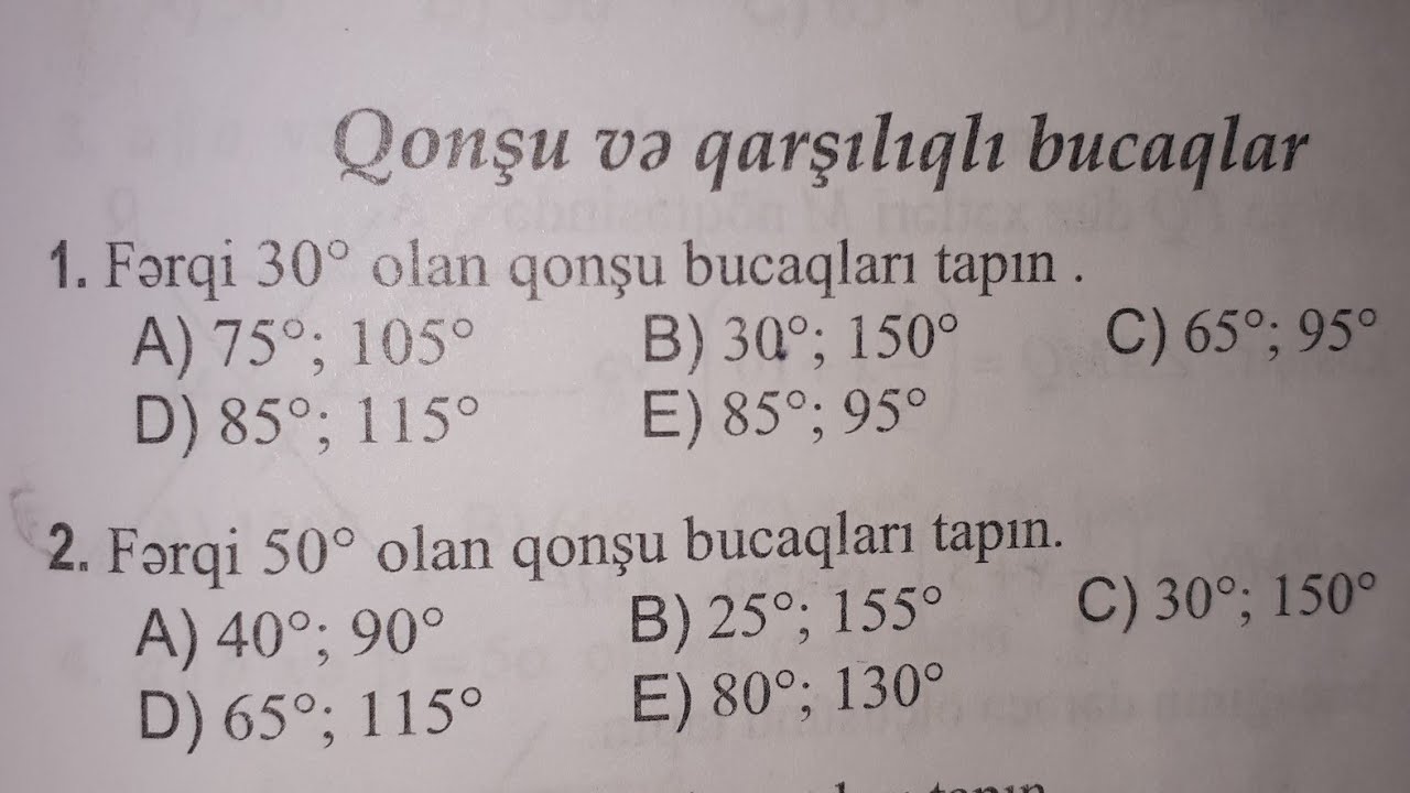 Qonşu və qarşılıqlı bucaqlar. Test toplusu