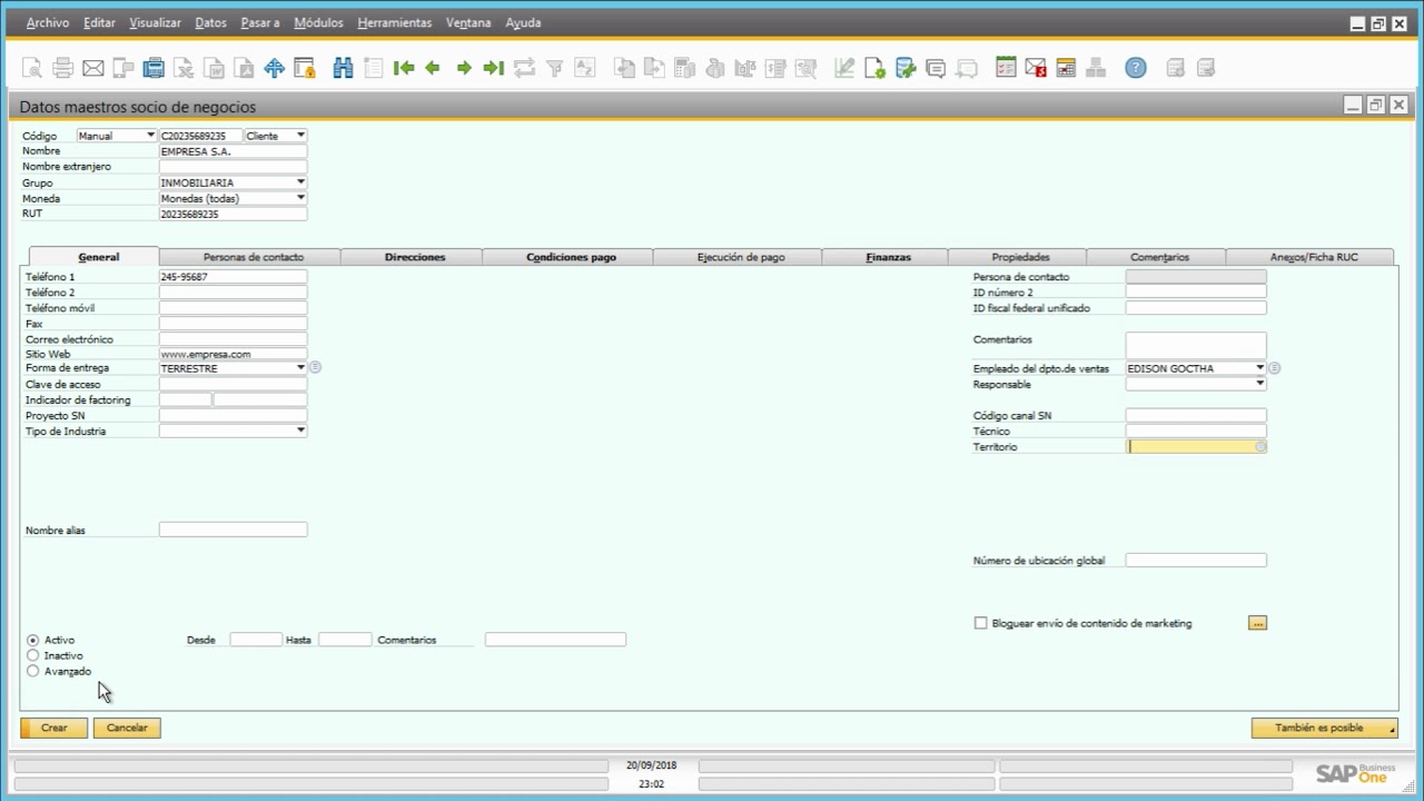 Como Crear un Socio de Negocio Cliente en SAP Business One