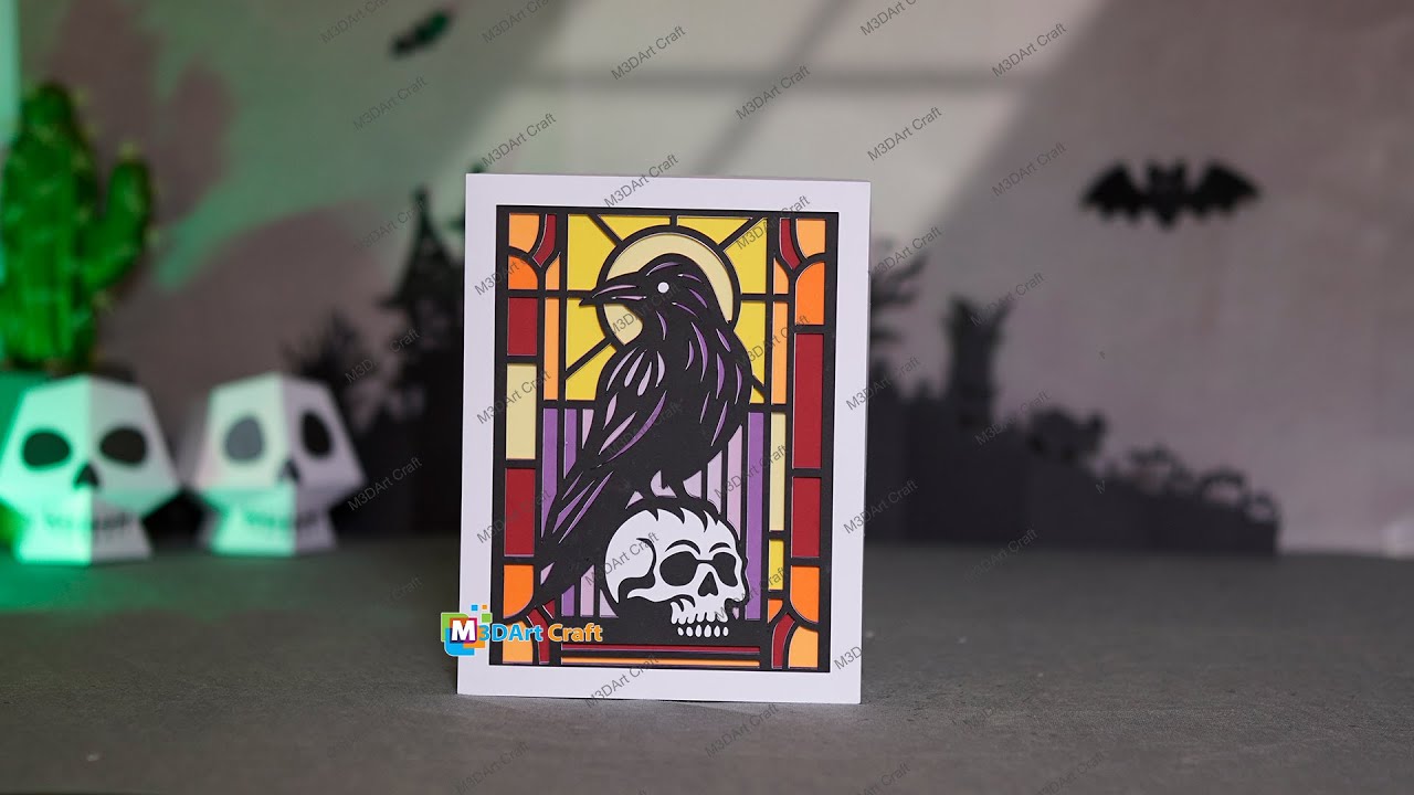 How to make Raven Skull Stained Glass Layered Papercut for Spooky Halloween Decor