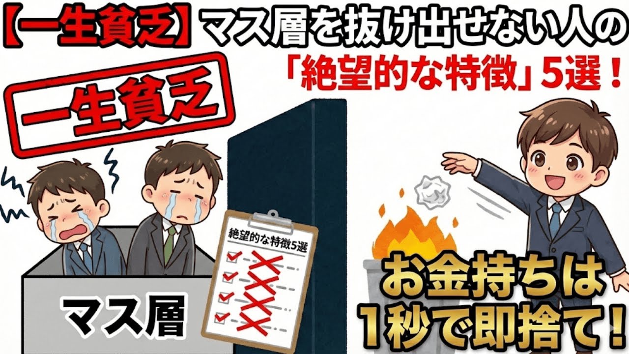 【一生貧乏】マス層を抜け出せない人の「絶望的な特徴」5選！お金持ちは1秒で即捨てます。|資産を守る経済の話