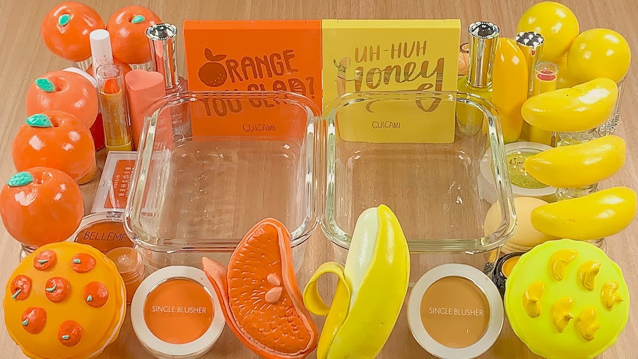 Orange VS Yellow w CLAY★Mixing Makeup Eyeshadow Glitter into SLIME★ASMR★Satisfying Slime Video#044