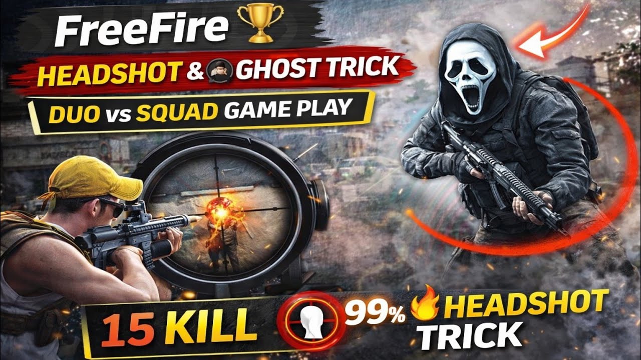 FreeFire🏆 hedshort and 🥷Gost Trick ll  Duo vs Squad Game Play ll 15 Kill and 99% 🔥hedshort trick 
