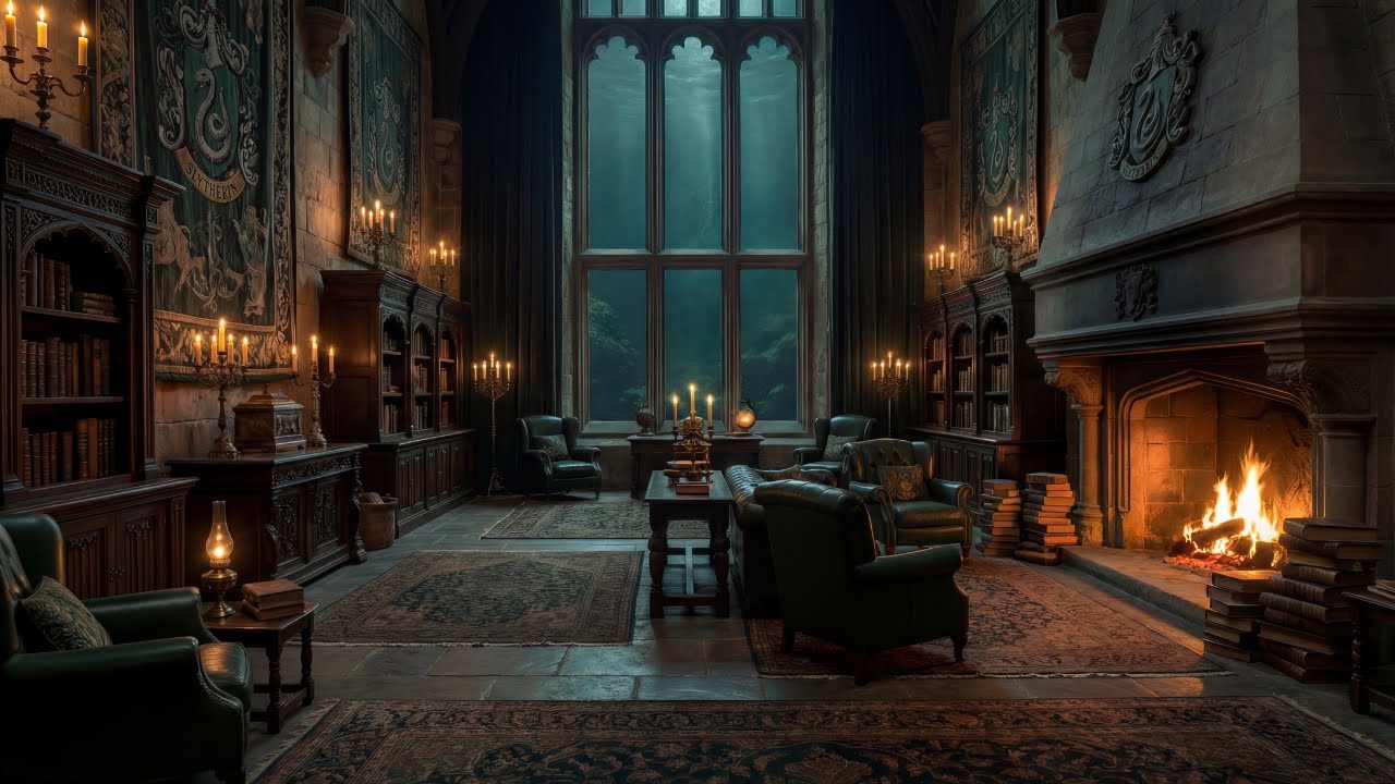 Slytherin Common Room Ambience 🔥 Dark Magic Fireplace | 2 Hours | Harry Potter Inspired