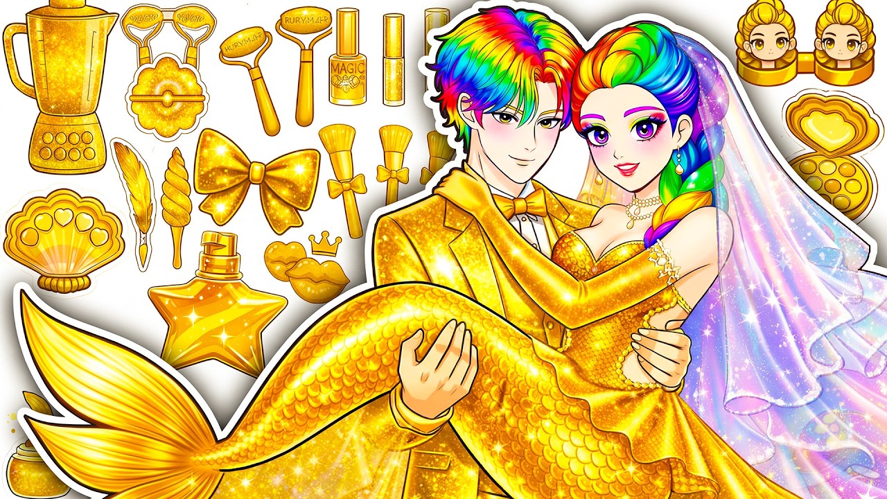 🍓Paper DIY🍓KPOP DEMON HUNTERS Couple Rumi x Jinu Mermaid GOLD Fashion Glow Up Skincare + Makeup 💄