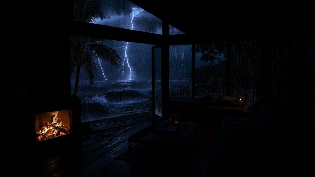 🔕NO ADS 🌧️ Fall Asleep Instantly⛈️ Dark Ocean Storm & Cozy Fireplace Sounds for Deep Sleep All Night