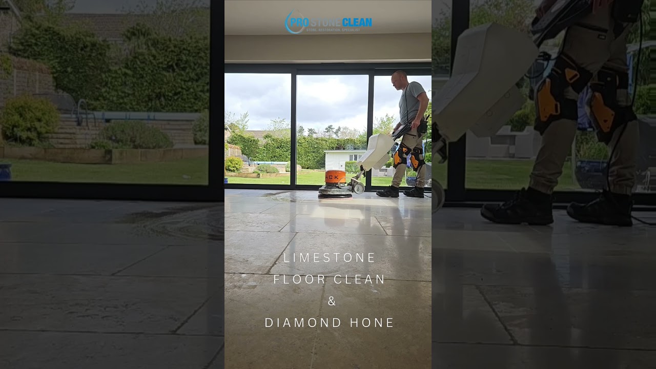 Limestone floor was cleaned, diamond honed using diamond impregnated pads & sealed.