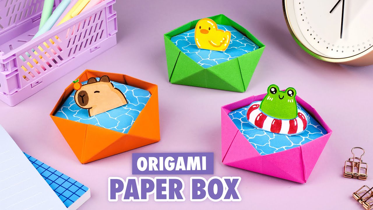 Оригами Коробочка Бассейн с Капибарой, Лягушкой и Уткой из бумаги | Origami Paper Box Capybara