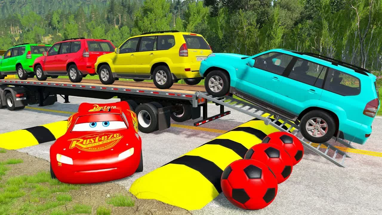 Flatbed Truck McQueen | Transportation with Truck - Pothole vs Car #65| BeamNG.Drive Gameplay