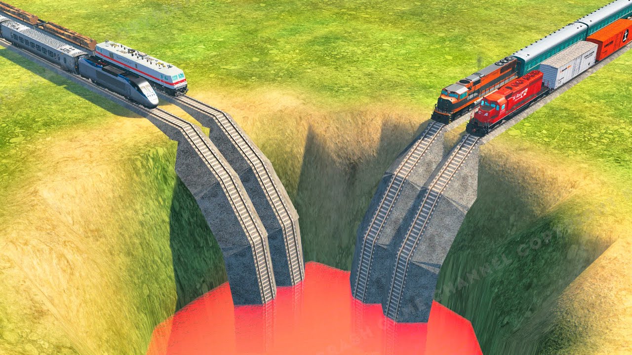 Trains vs Gigantic Pit BeamNG Drive
