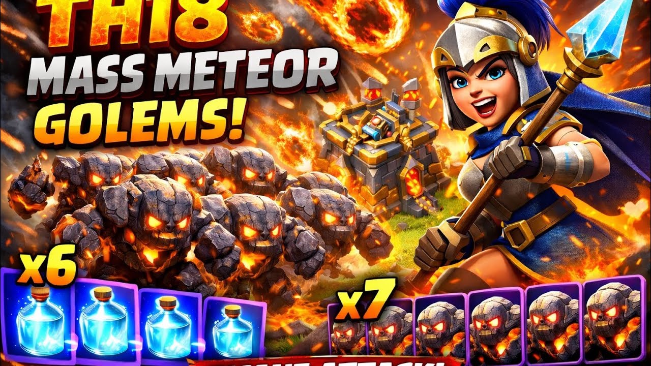 TH18 WAR ATTACK 😱 | Royal Champion + 7 Meteor Golems 🔥 | 6 Invisibility Spells | Clash of Clans