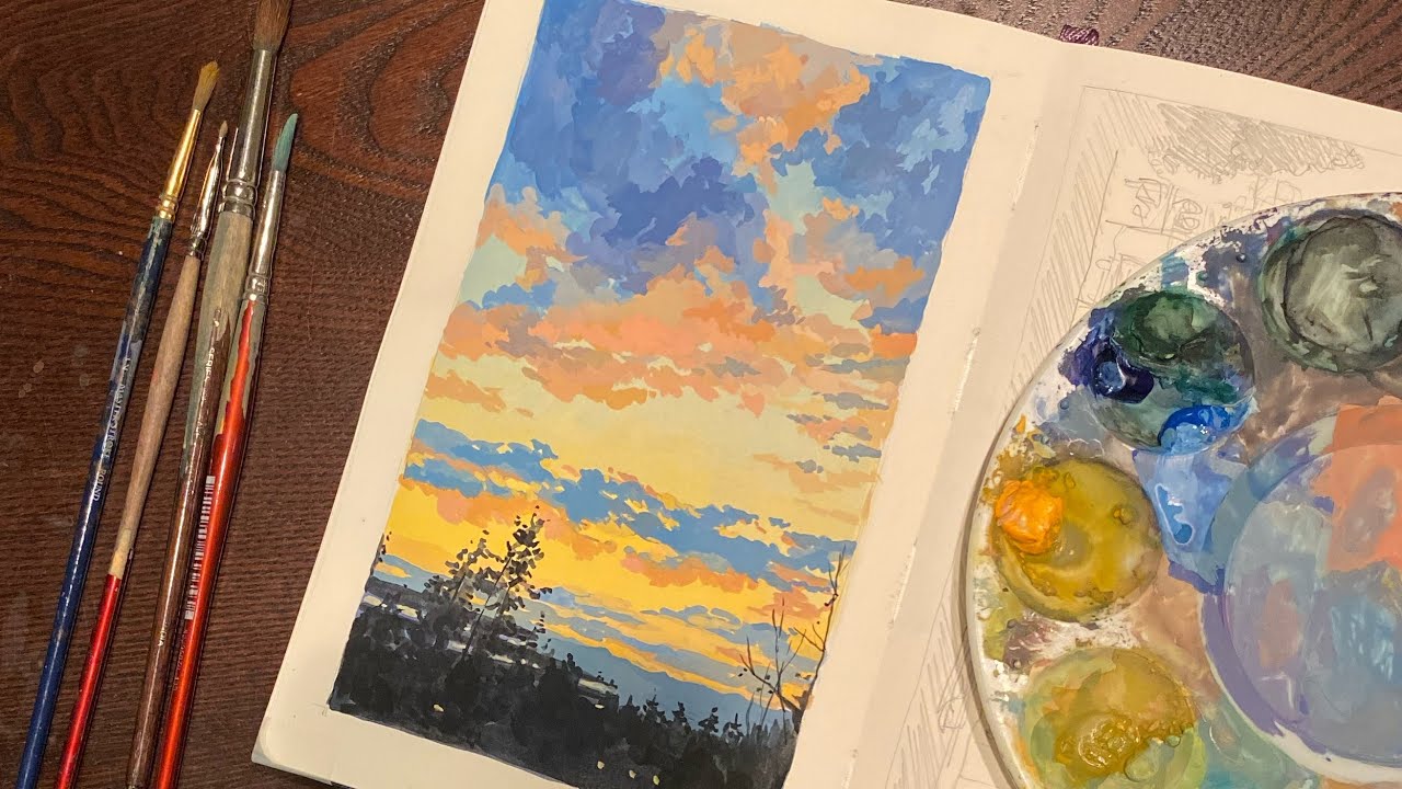 Sunrise gouache sky painting process