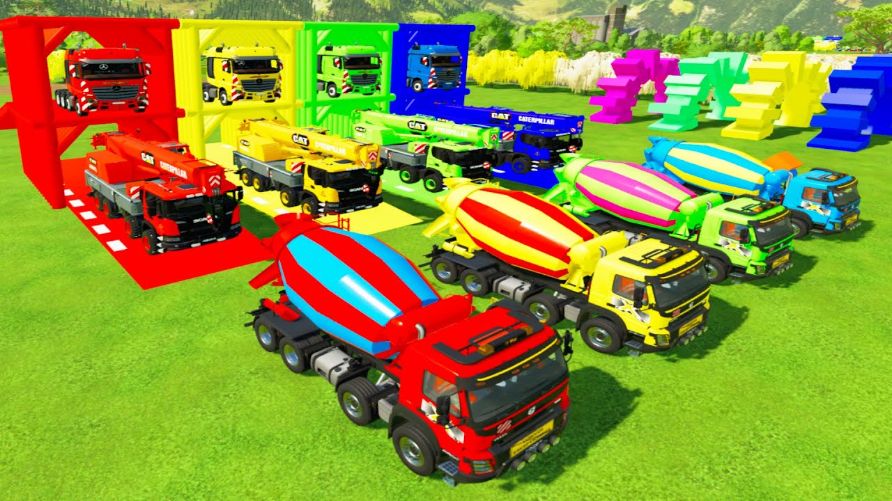Colorful Heavy Machine-ALL COLORED VOLVO MIXER TRUCK, SCANIA CRANE TRANSPORTING WITH MERCEDES TRUCK
