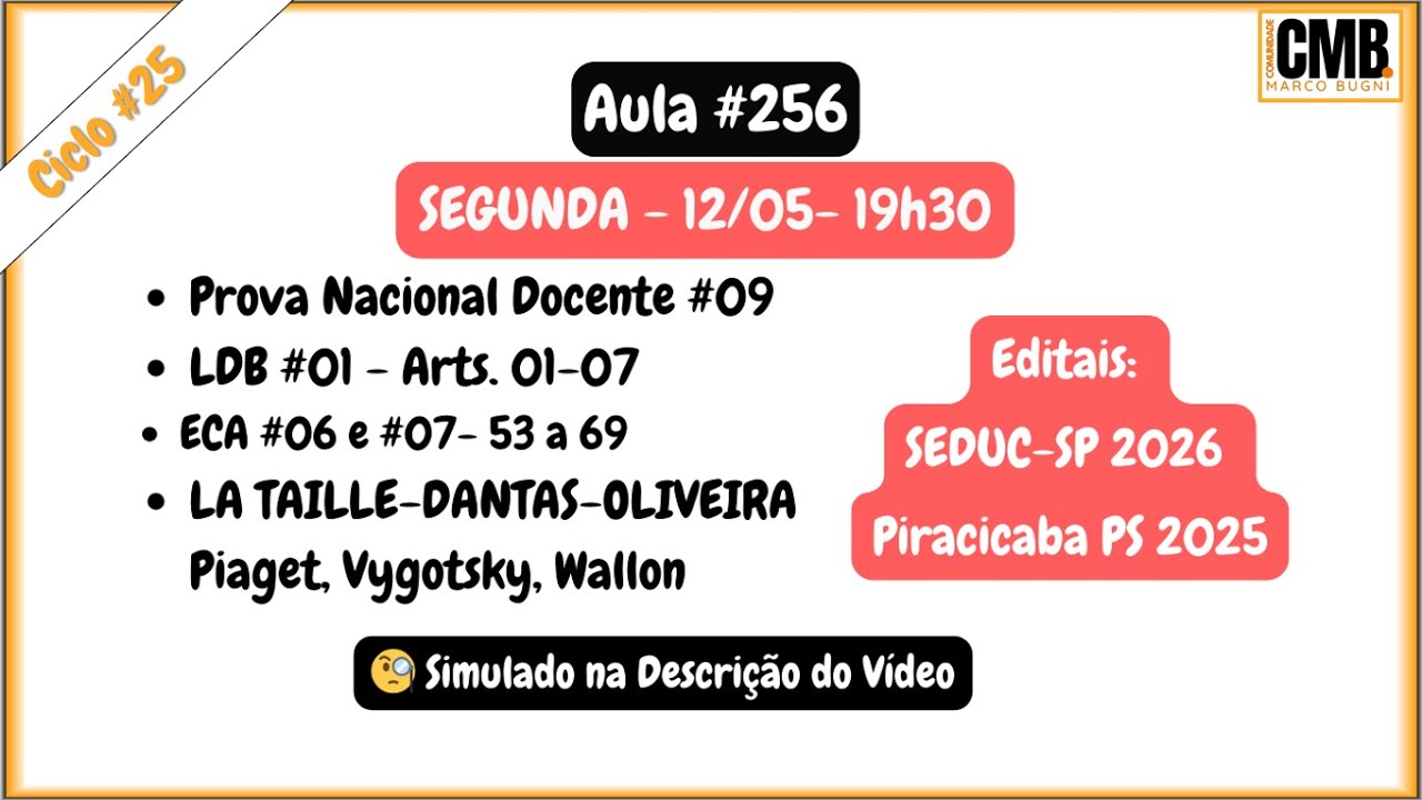 Aula #256 - PND #09 + LDB + ECA + PIAGET-VIGOTSKI-WALLON + Editais: SEDUC-SP e Piracicaba