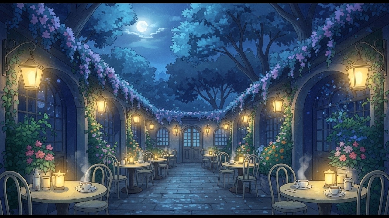 Moonlight Secret Garden Café ☕ Calm Night Ambience for Sleep
