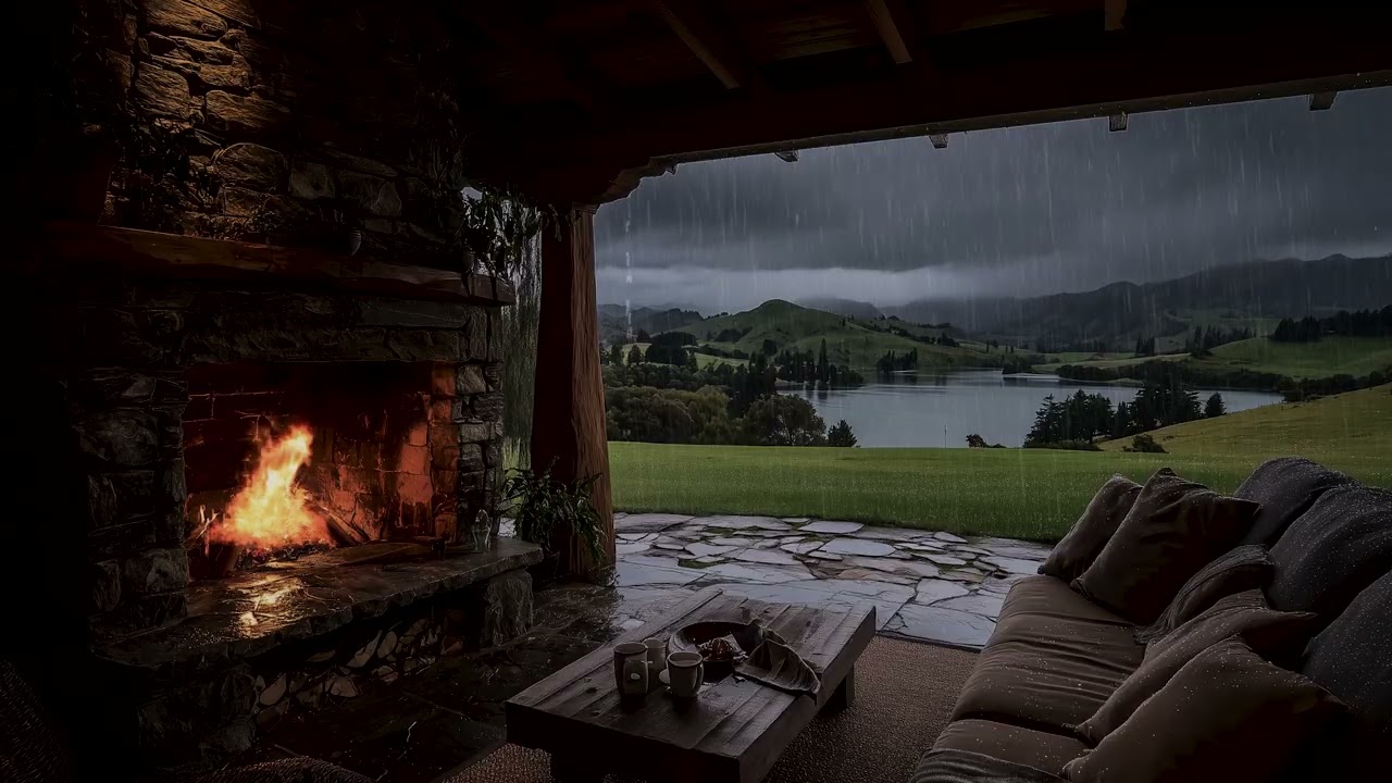 Rainy Mountain Cabin Fireplace 🔥| Warm Cozy Ambience for Deep Sleep and Stress Relief