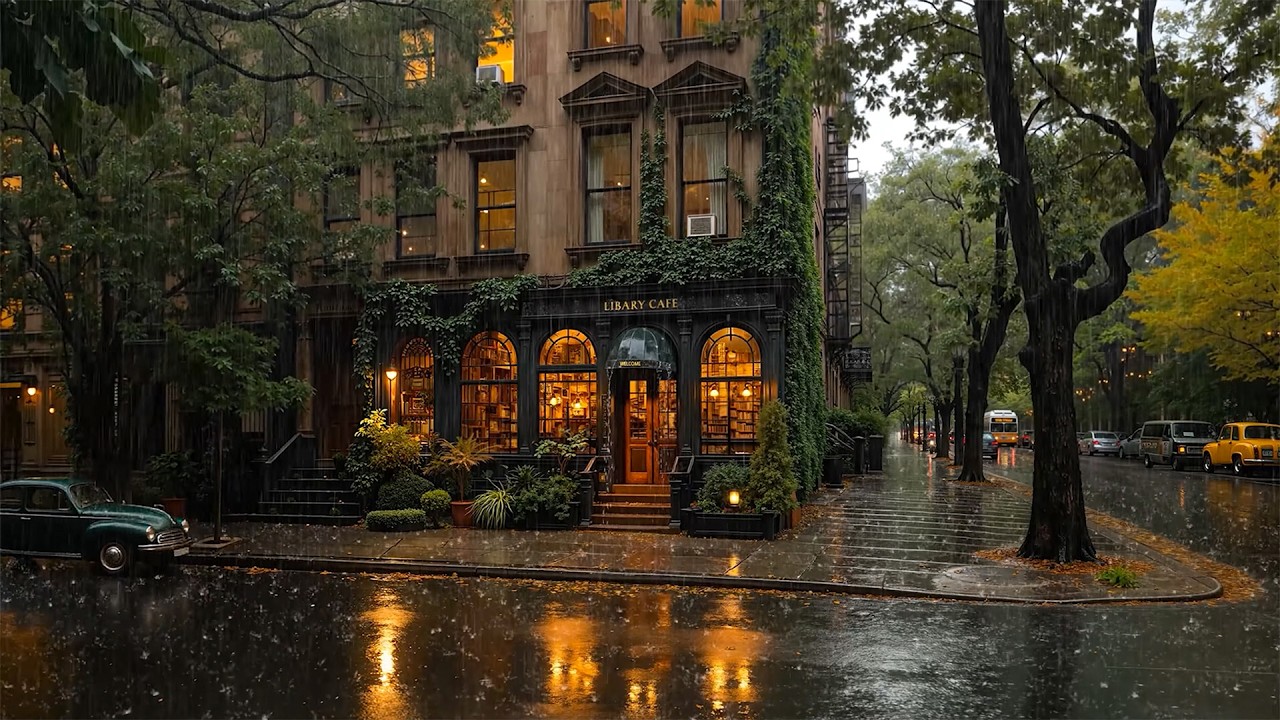 Rainy New York Street at a Quiet Library Caf&eacute; ☕ Smooth Jazz Playlist for Work & Relax | Rain Sounds