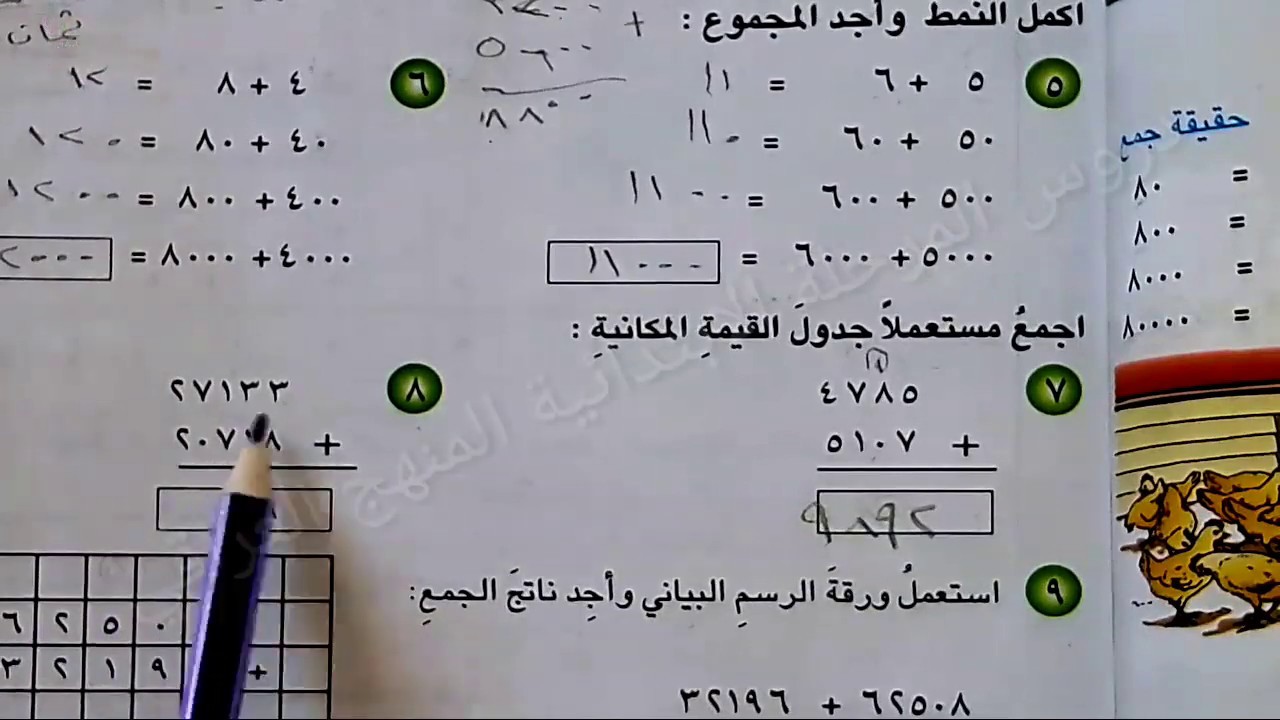 الجمع مع إعادة تسمية ( تجميع) الآحاد والعشرات ص٣٠و٣١..رياضيات الرابع الابتدائي المنهج الجديد