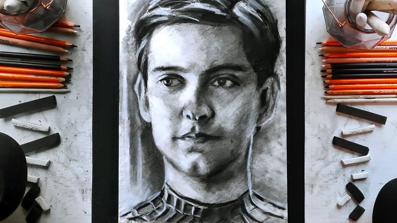 [ASMR] Drawing Spider-Man with Charcoal Pencils [No Talking]