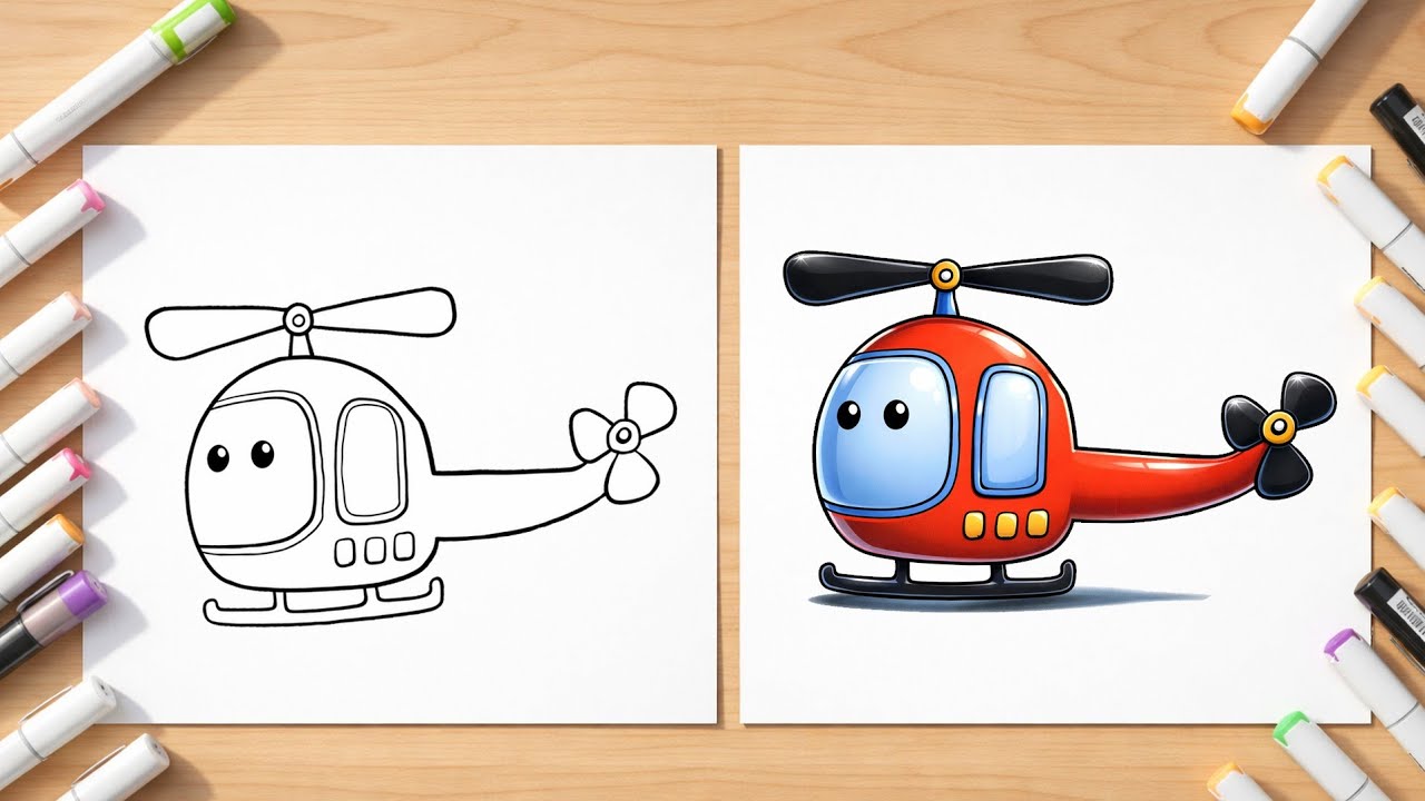 How to Draw a Cute Cartoon Helicopter | Kids Drawing Tutorial