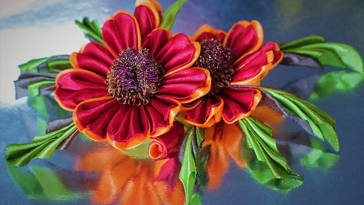 Цветок красной ГАЙЛАРДИИ  канзаши из лент, мастер класс / DIY Ribbon Flower Kanzashi