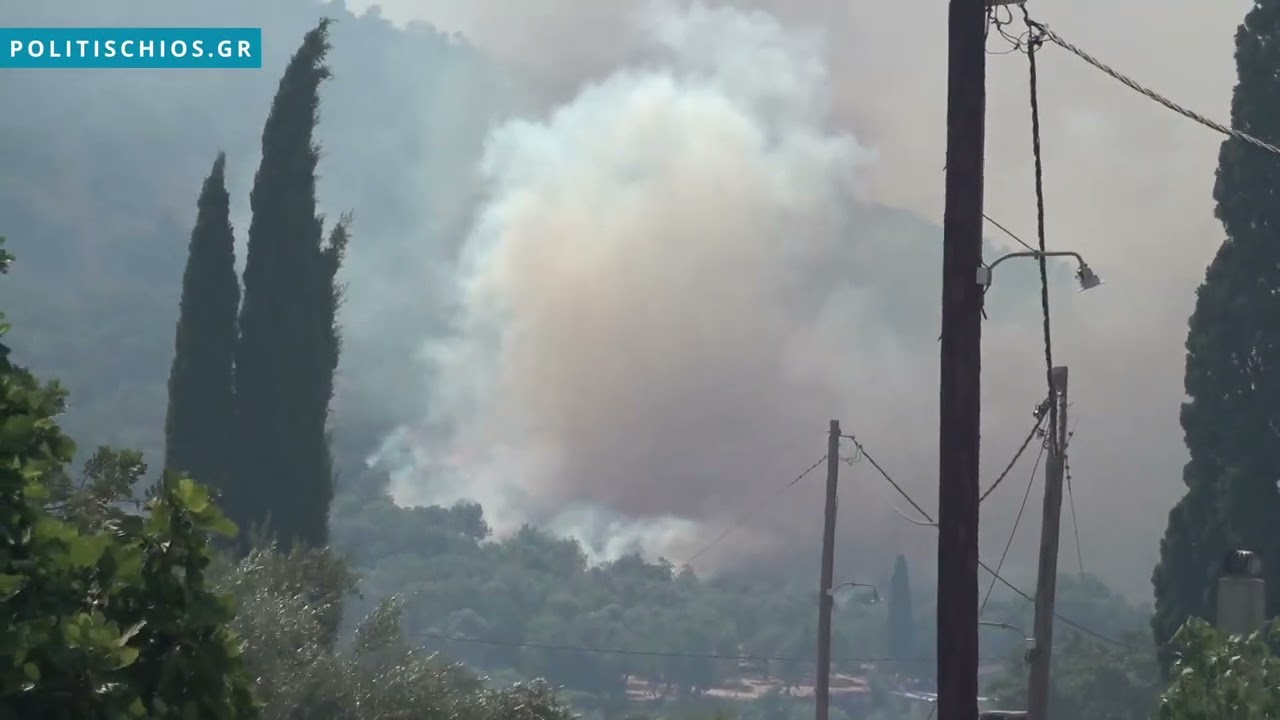 Μεγάλη πυρκαγιά στη Χίο - Πλάνα από Κόρης Γεφύρι - Δαφνώνα
