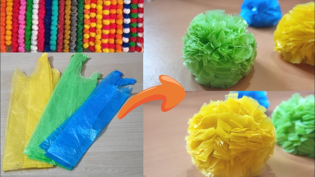 Flower making with carry bags/ diy flower ideas/ pompom style plastic marigold flower making