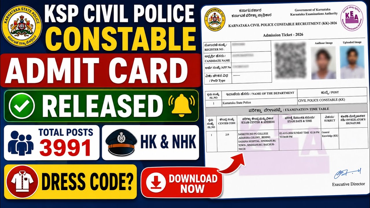 KSP Civil Police Constable Admit Card 2026 Released | Download Hall Ticket | HK & NHK 3991 Posts