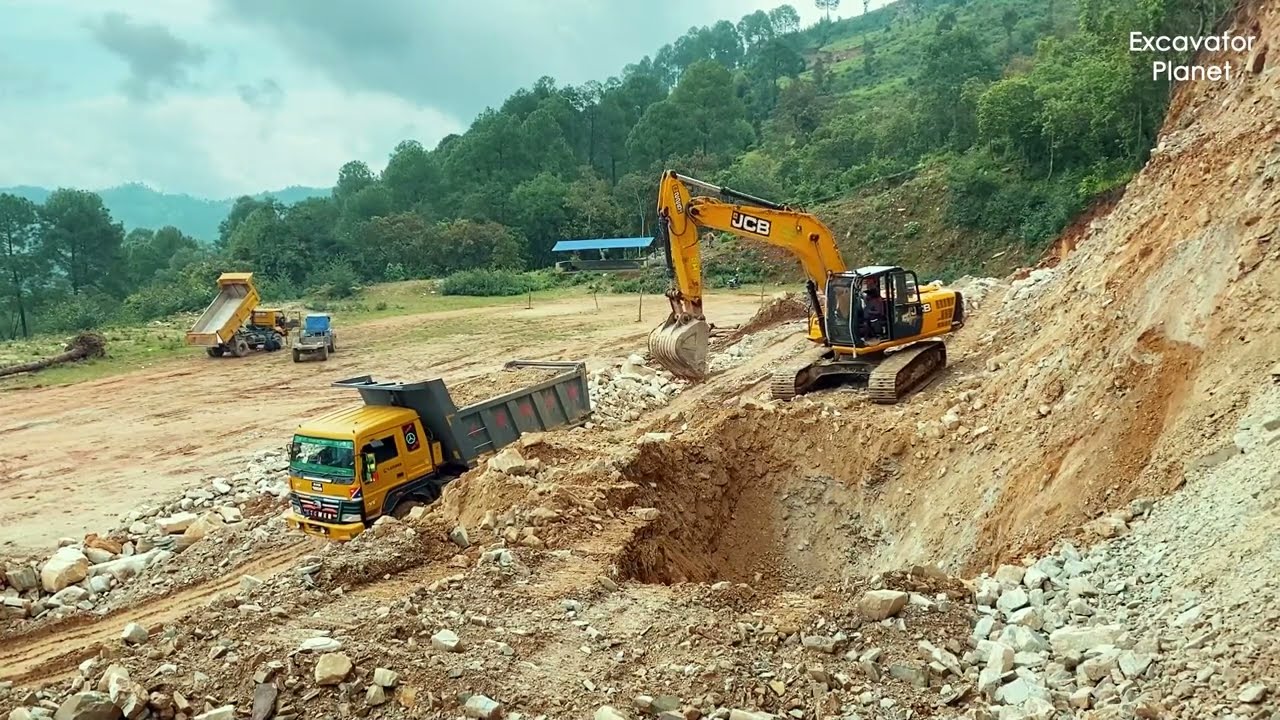 Ground Clearing with JCB and Dumper, Loading Dump Trucks | Excavator Planet