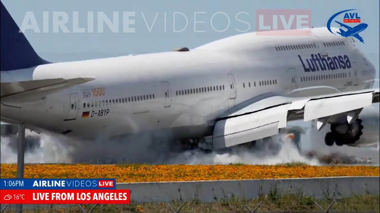 Эффектный взлёт Boeing 747-8i Lufthansa в аэропорту Лос-Анджелеса | Видео авиакомпании, запись в ...