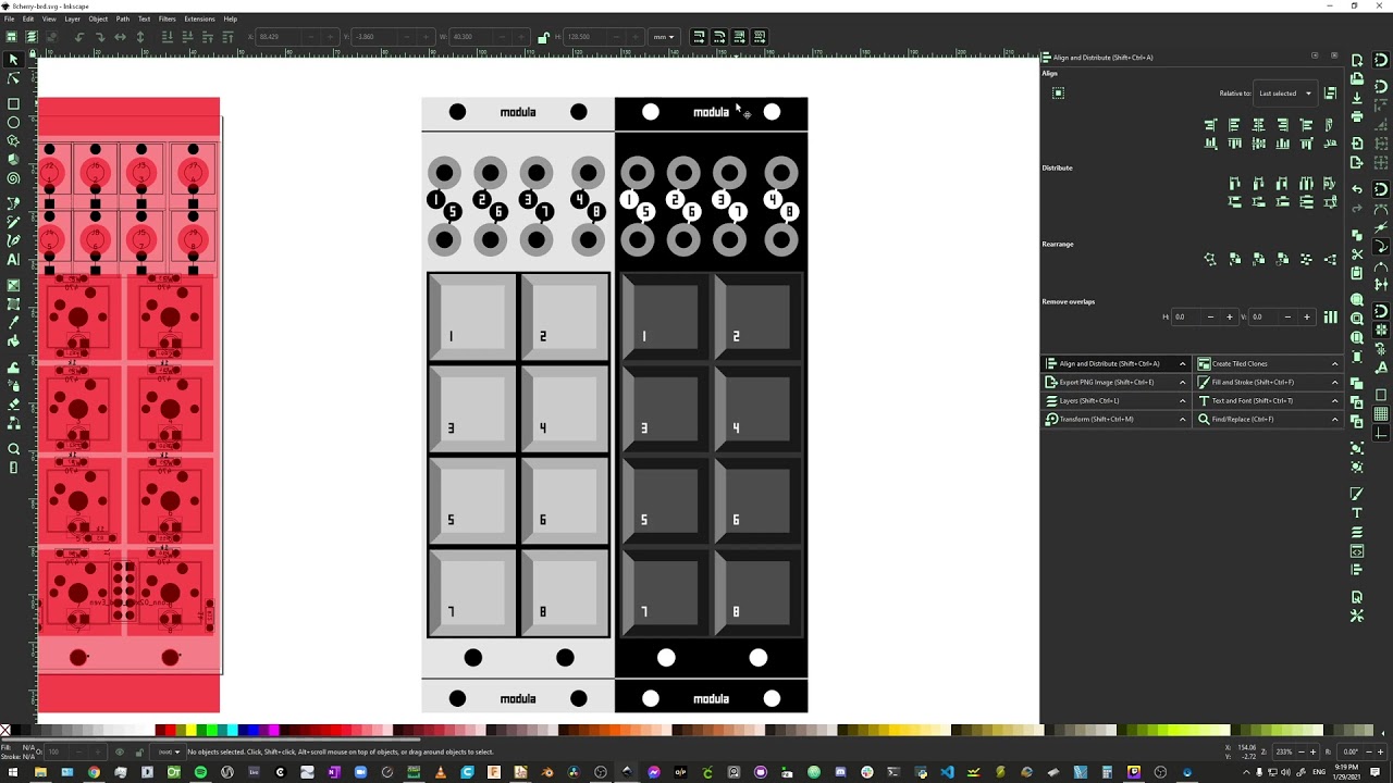 KICAD 10hp eurorack cherry switch module mainboard and panel graphics session.