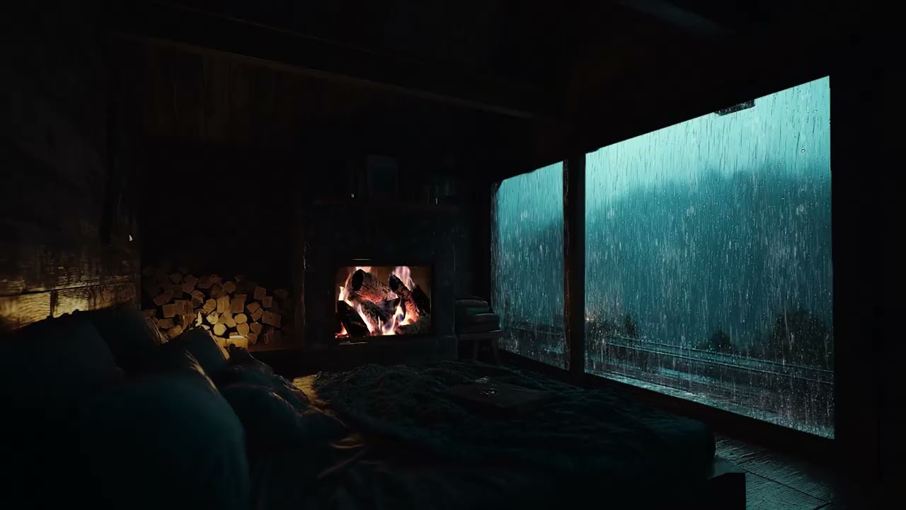 Mountain Cabin in Heavy Night Rain 🌧️ Relaxing Fireplace Ambience for Insomnia & Stress Relief
