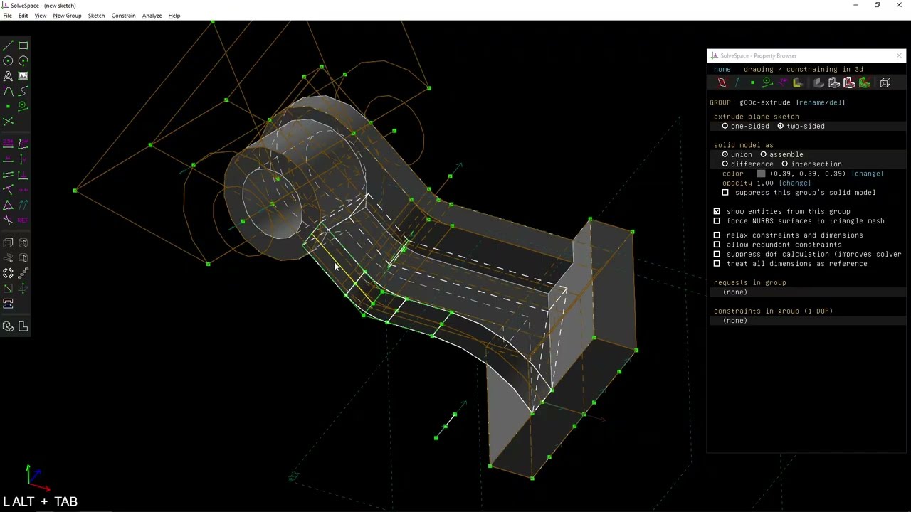 SolveSpace - drawing the SolidWorks Model Mania 2001 challenge model in 18 minutes.