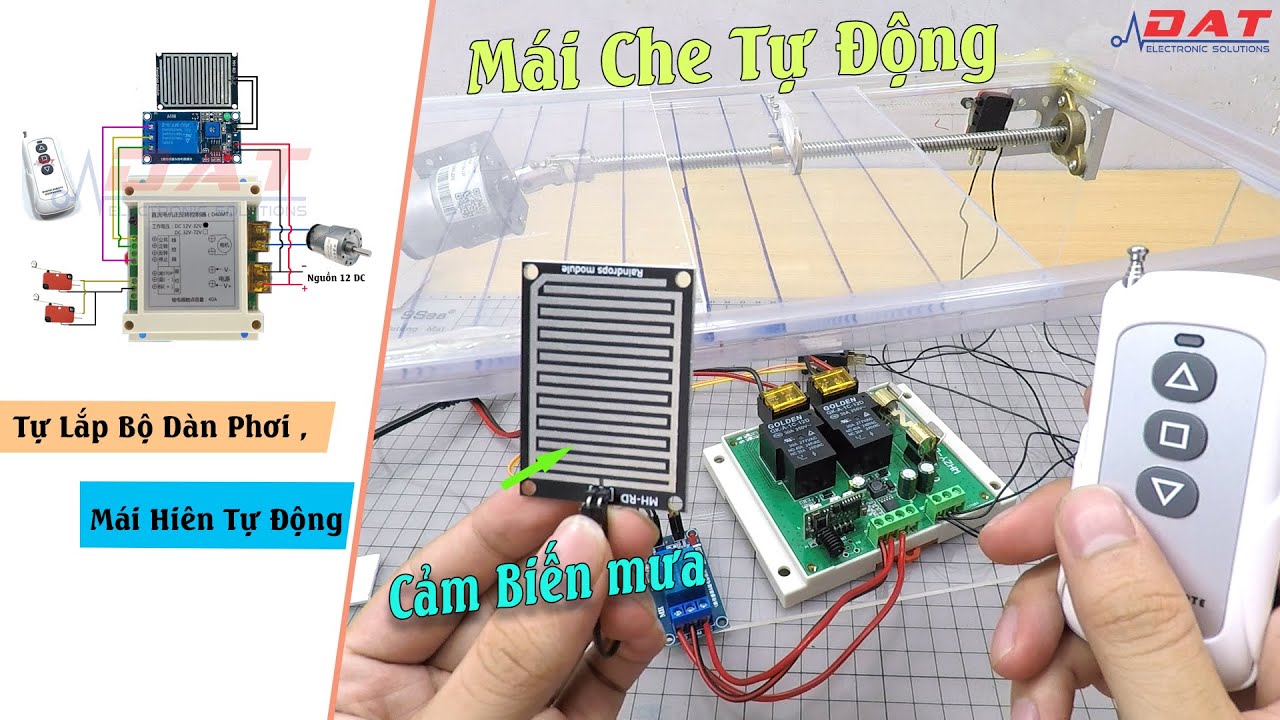 Tự Lắp Dàn Phơi Mái Hiên Tự Động Dùng Cảm Biến Mưa Và Remote RF | VDO00015 |Điện tử DAT