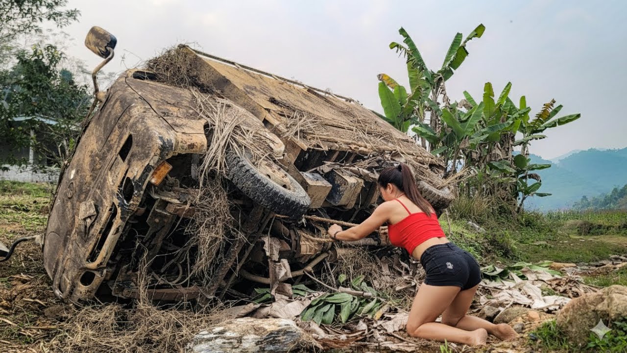 The genius girl repaired and started up an old, rusty, and abandoned overturned car