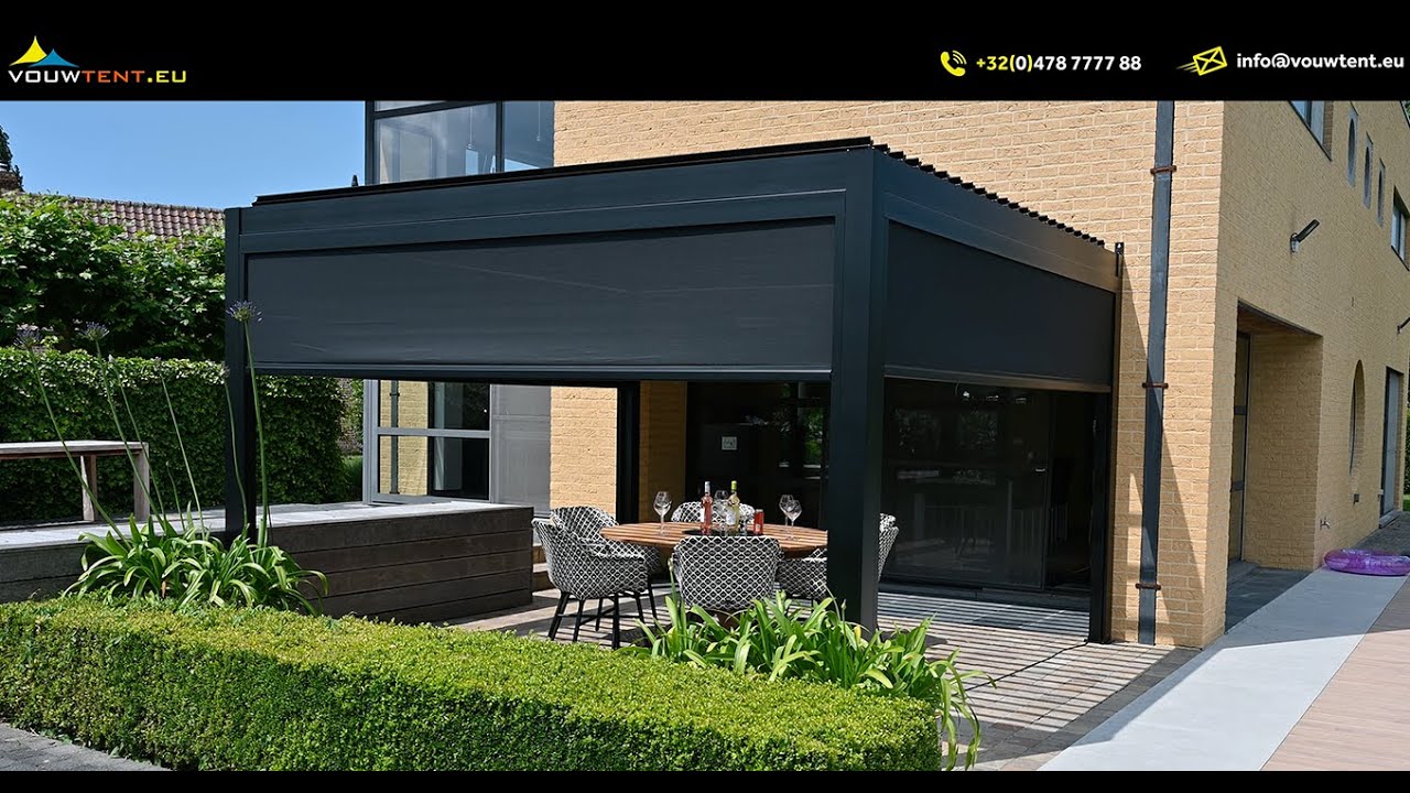 Terrasoverkapping met lamellendak SOLIDCUBE movie LUX 3 screens dicht open