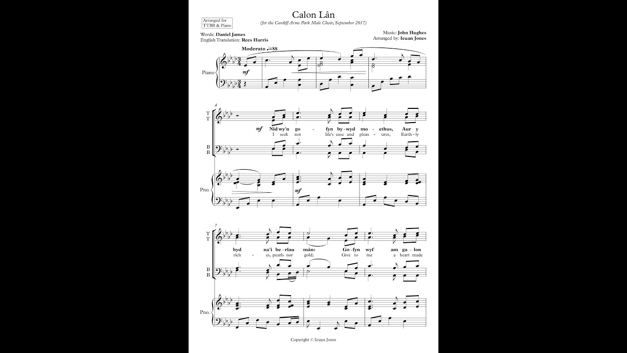 Calon Lân (A Clean Heart) Arranged for Male Choir (TTBB) and Piano by Ieuan Jones
