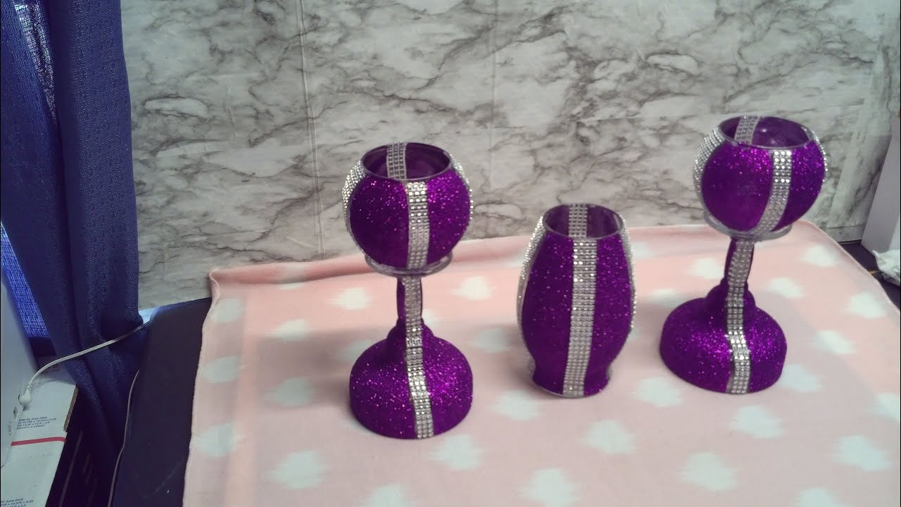 PURPLE AND SILVER GLAM VASE AND CANDLEHOLDERS