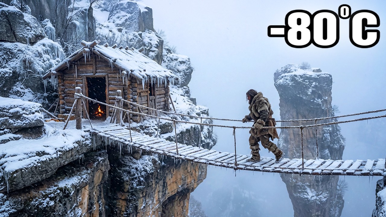 Extreme Snow Survival: Building a Cabin and Rope Bridge at -80°C