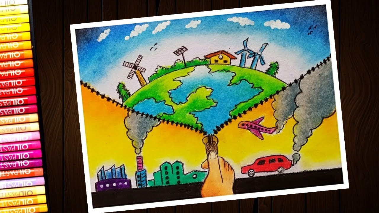 Stop air pollution (save environment) drawing with oil pastel for beginners - step by step